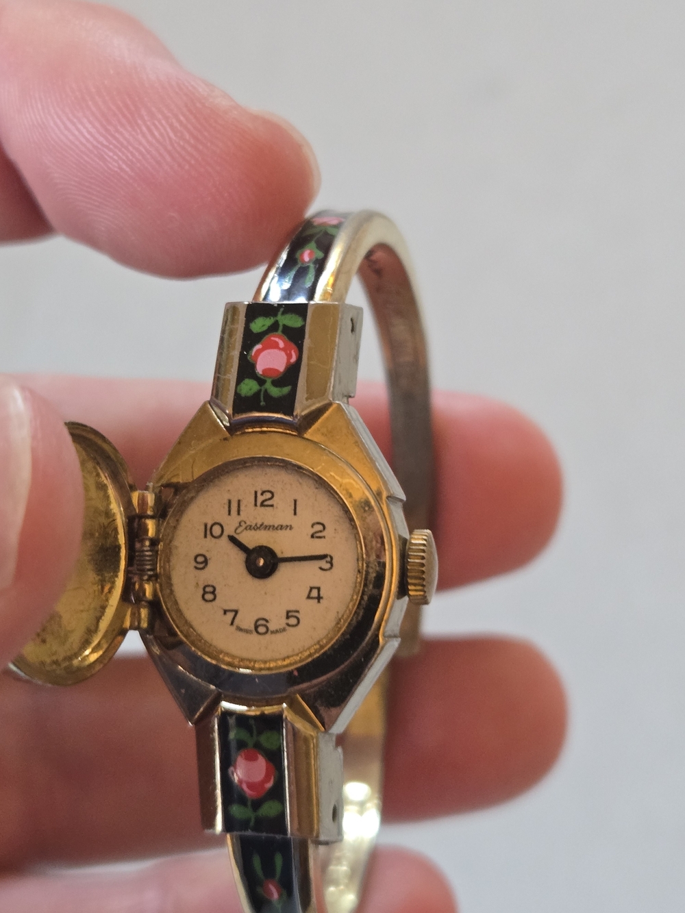 Vtg Eastman Swiss Made Hidden Dial Bangle Watch Floral Enamel  Not Tested.